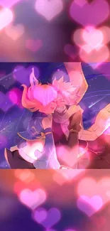 Anime couple in a vibrant pink embrace with celestial themes.