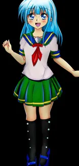 Anime schoolgirl with blue hair and green skirt on a black background.