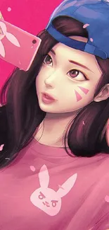 Anime girl with pink background and phone.