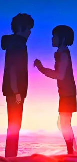 Anime silhouette in pink and blue sunset background.