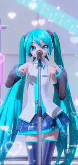 Anime singer with long turquoise hair performing, surrounded by hearts and glowing lights.