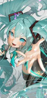 Anime singer with turquoise hair holding a microphone in vibrant digital art.