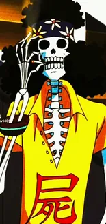 Anime skeleton in colorful attire with vibrant background.