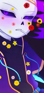 Anime skull character with flowers on a vibrant purple background.