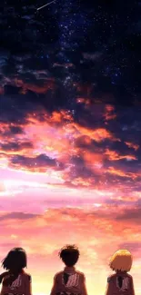 Anime characters beneath vibrant, sunset skies with dramatic clouds and stars.