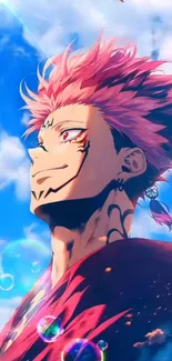 Vibrant anime character with pink hair against a bright blue sky background.