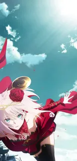 Anime character in red cape against blue sky with clouds.