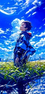 Anime character gazing at a vibrant blue sky with clouds.