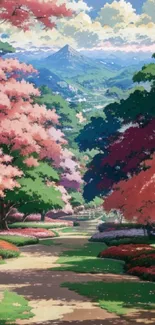 Anime spring landscape with colorful trees and a mountain path.