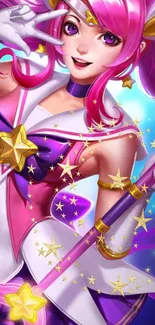 Anime magical girl with pink hair and starry background.