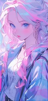 Anime character in vibrant street art wallpaper with pink and blue hues.