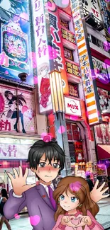 Anime-styled city street filled with vibrant signs and two characters.