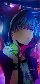 Anime character with neon lights background in a city street scene.