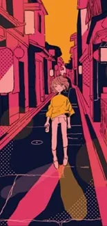 Anime-themed street scene with vibrant pink and orange colors.