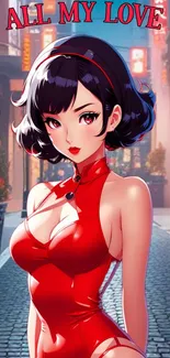 Anime character in red dress on urban street wallpaper.