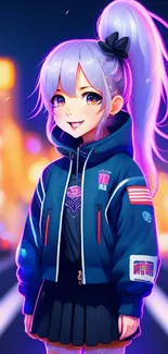 Anime character with purple hair in neon city background.