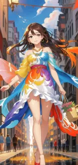 Anime girl in a colorful dress walking down a vibrant city street.