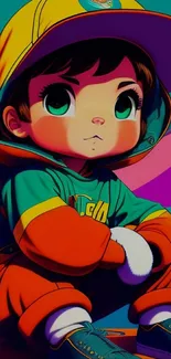 Anime-inspired kid in vibrant streetwear on mobile wallpaper.