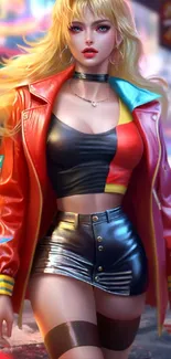 Anime-style blonde character in a colorful jacket with a city backdrop.