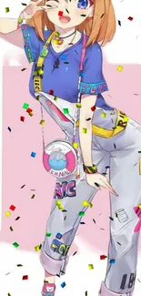 Anime-style character with confetti background in vibrant colors.