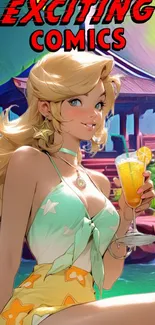 Anime character relaxing with a drink in summer setting.