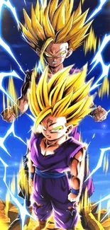 Anime characters in Super Saiyan form with vibrant energy aura.