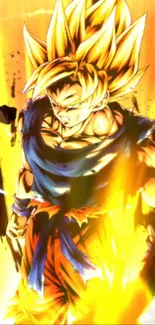 Vibrant anime Super Saiyan with fiery aura.