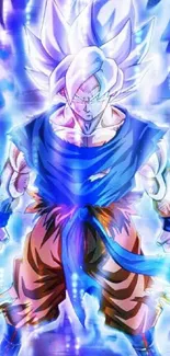 Anime character powering up with a glowing blue aura.