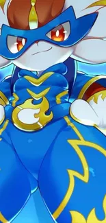 Anime superhero with blue and gold costume.