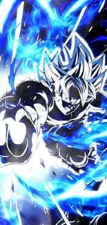 Anime superhero with electrifying blue aura in dynamic action pose.