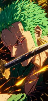 Anime swordsman with green hair and sword in dynamic action pose.