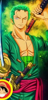 Anime swordsman with vibrant green and fiery colors holding swords.