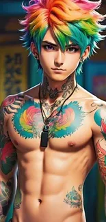 Anime character with rainbow hair and tattoos on chest and arms.