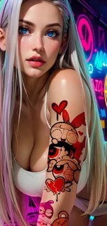 Anime-inspired neon tattoo girl in vibrant urban setting.