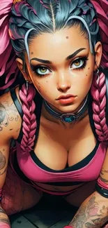 Anime girl with pink braids and tattoos.
