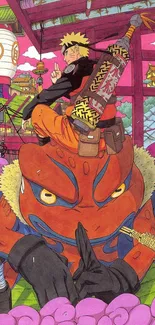 Anime character on a toad with vibrant colors in a fantasy setting.