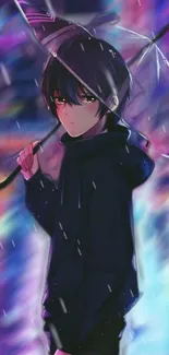 Anime character holding umbrella with colorful, rainy background.