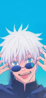 Anime character with sunglasses on a blue background.