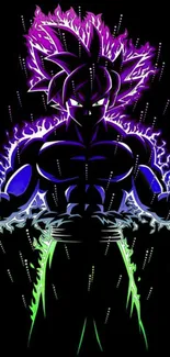 Anime warrior artwork with vibrant neon aura on a dark background.