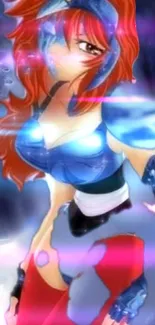 Anime warrior with red hair and blue armor in vibrant digital artwork.