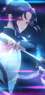 Anime warrior with vibrant light effects, holding a sword.