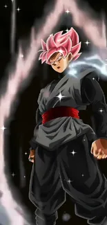 Anime warrior with pink hair and energetic aura.