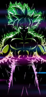 Anime warrior with neon green and purple glow on a black background.