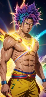 Vibrant anime warrior with rainbow hues and powerful stance.