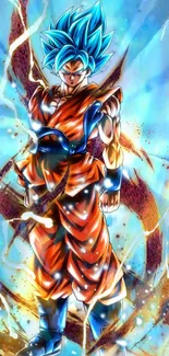 Anime warrior with vibrant blue and orange hues on a mobile wallpaper.