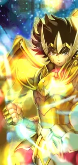 Anime warrior in golden armor with a celestial background.