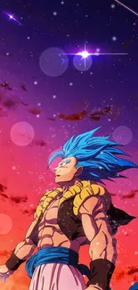 Anime warrior with blue hair on celestial background.