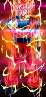 Anime warrior with red and blue aura on dynamic background.