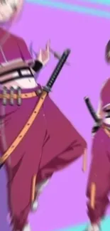 Anime warriors with katanas on a purple background.