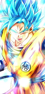 Anime warrior with blue hair and vibrant energy bursts.